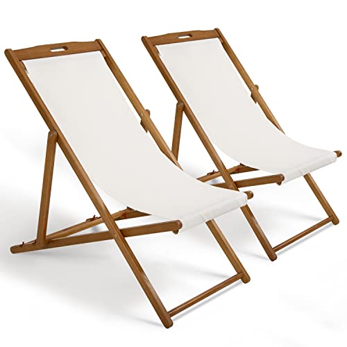 Beach Sling Chair Set Of 2, Outdoor Folding Wood Beach Chair With White Polyester Canvas, 3 Level Adjustable Height Patio Lounge Chair #TOP7