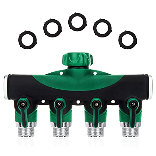 SIPIK Garden Hose Splitter 4 Way, All Metal Water Hose Splitter with Shut Off Valves, 4 Valves Leakproof Hose Connectors for Lawns Drip Irrigation, 5 Free Washers
