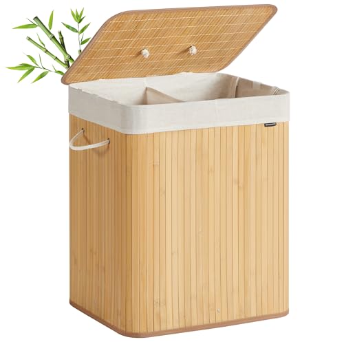SONGMICS Panier à Linge avec Couvercle, 2 Compartiments, 120 L, Corbeille à Linge Sale en Bambou, Pliable, Sac Amovible et Lavable en Machine, avec Poignées, pour Buanderie, Chambre, Naturel LCB014Y01