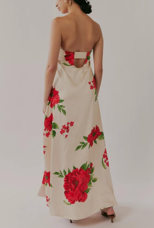 Image of Women Floral Maxi Dress Spaghetti Straps V Neck Lace Patchwork Flowy Tiered Boho Beach Sundress Long Dresses