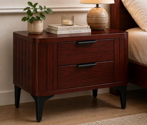 Image of Solid Sheesham Wood Bedside Table for Bedroom & Livingroom | Nightstand End Table with 2 Drawers Storage for Home | Modern & Luxury Design| (Mahoganyn Finish 1)
