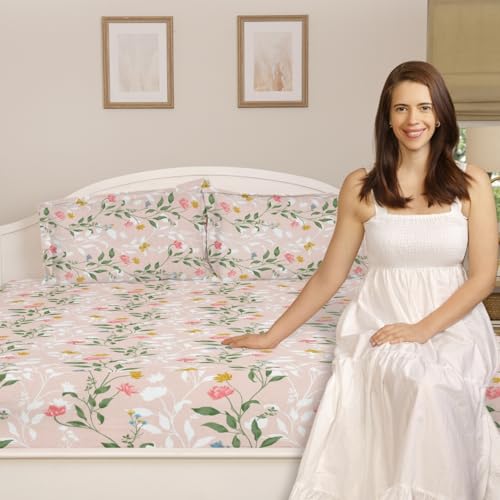 Image of Haus & Kinder Elastic Fitted Bedsheet for Queen Size Bed | 186 TC Bed Sheet Double Bed Elastic Fitted Cotton with 2 Pillow Covers (50x78x10 Inches) - Blush Vineyard