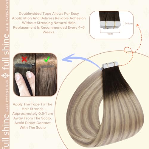 Image of Full Shine Human Hair Extensions Tape in, Brown Beige Blonde Ombre 16 Inch | 50g 20PCS, Invisible Tape Ins Human Hair Extensions, Seamless Straight Finish Party Wear for Dimensional Blonde Look