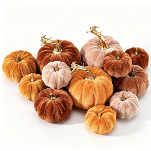 Whaline 12 Pcs Fall Faux Velvet Pumpkins Artificial Fake Pumpkin, 3 Size