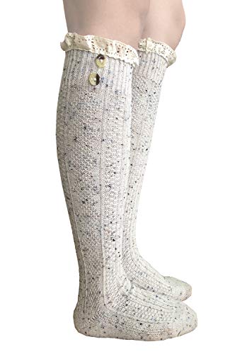 2 Pairs Premium Quality Button Boot Socks with Lace Trim Boutique Socks Christmas Gift for Women (B-white)