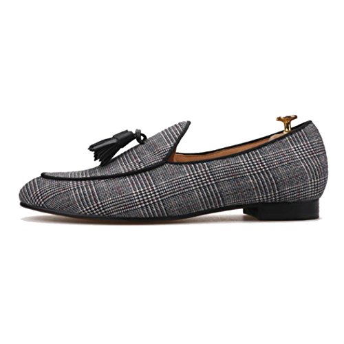 FERUCCI Handmade Men Gray Black Striped Fabric Loafer with Tassel Slippers