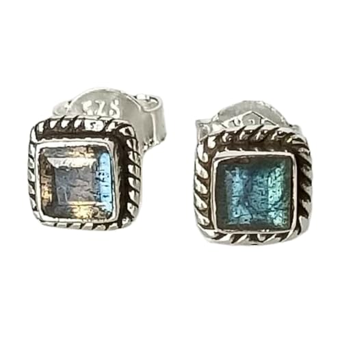 Boucles d'oreilles labradorite naturelle argent 925 puce carrée facettée 7mm