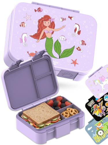 Image of BEARFOOT Kids Lunch Box with Compartments - Compact & Lightweight | Leak-Proof, BPA-Free, Dishwasher Safe | Hand-Drawn Design for Preschool, School, Travel (Mermaid Purple, 2.75 Cups)