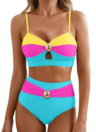 Herseas Women's 2 Piece Colorbock Bikini Sets Oval Metal Bathing Suiits L