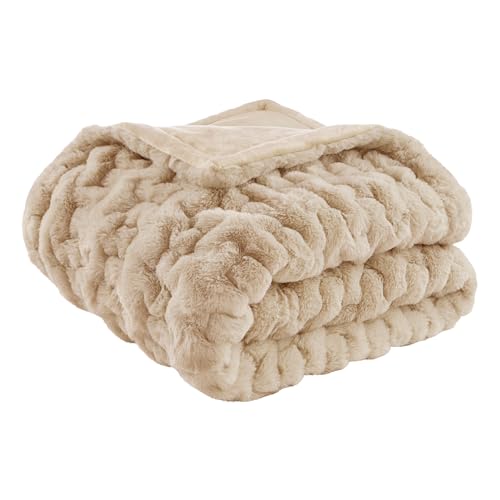 Madison Park Ruched Luxury Throw Premium Soft Cozy Brushed Long Faux Fur for Bed, Couch or Sofa, 50"x60", Tan