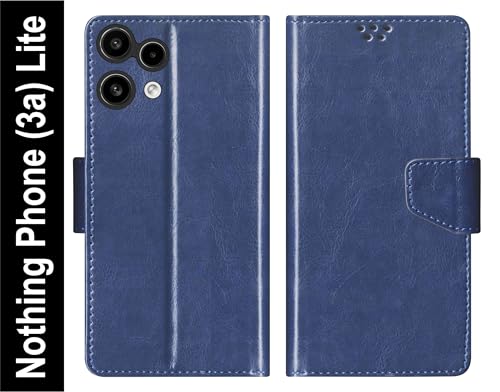 Image of SBMS Flip Cover for Nothing Phone (3a) Lite Back Cover Case with Magnatic Closure | Genuine Leather Finish | Inbuilt Stand | Card & Money Pocket | Wallet Style Flip Back Case Cover (Blue)