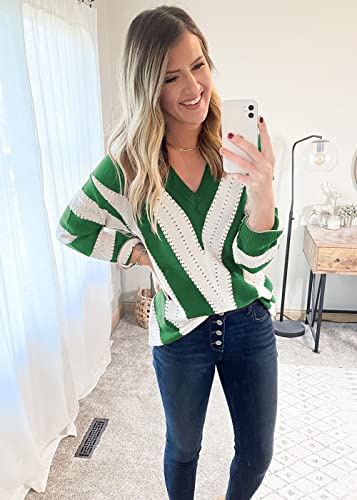 PRETTYGARDEN Sweaters for Women 2025 Long Sleeve Striped Knitted V Neck Pullover Jumper Tops Fall Outfits Fashion Clothing