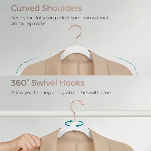 Image of Ginoya brothers Velvet Hangers,Non Slip Notched with Rose Gold Hook Coat /Suit Hangers,Space Saving 360 Degree Swivel Hook Clothes Hangers Wardrobe Hanger. (20, White)