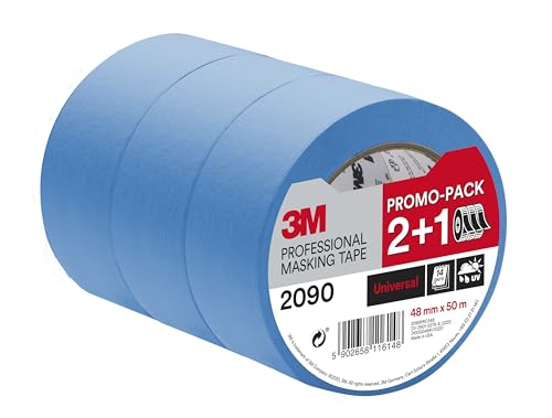 3M Professional Masking Tape 2090, Universal Surfaces, Promo Pack 2+1 Rolls (48 mm x 50 m) - UV stable, Water Resistant, For Indoor & Outdoor Painting and Decorating
