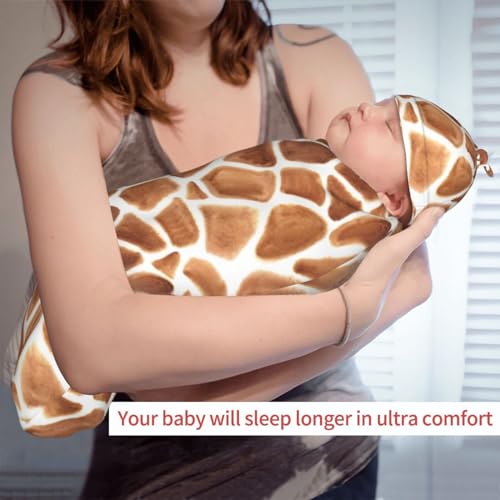 Image of Lcokin Giraffe Print Baby Stuff Swaddle Blanket Hat Set for Boys Girls, Funny Animal Skin Newborn Receiving Blanket