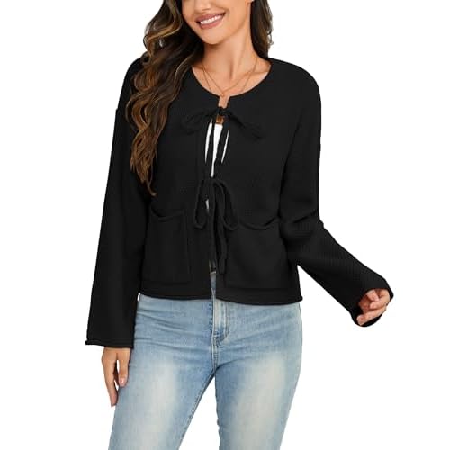 Bsubseach Cardigan Sweaters for Women Cropped Tie Front Bow Cardigan Fall Winter Long Sleeve Knit Sweater Coats with Pockets Black Small
