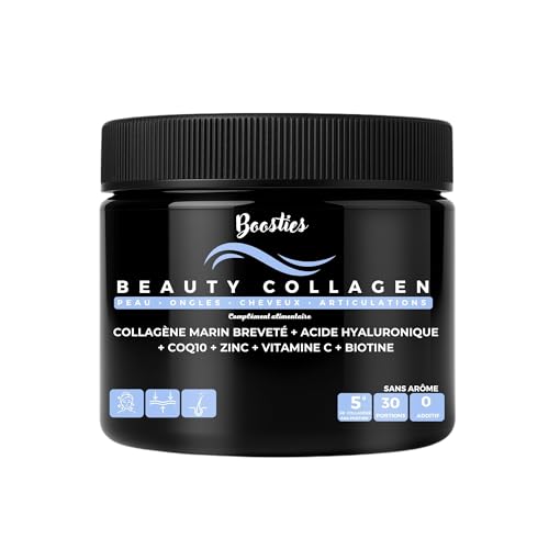 BOOSTIES Beauty Collagen - Collagène marin breveté en poudre 5 000 mg + Acide Hyaluronique, Vitamine C, Zinc, Biotine – Peau, Cheveux, Ongles - Efficacité prouvée - Type 1 et 3-150 g (30 portions)