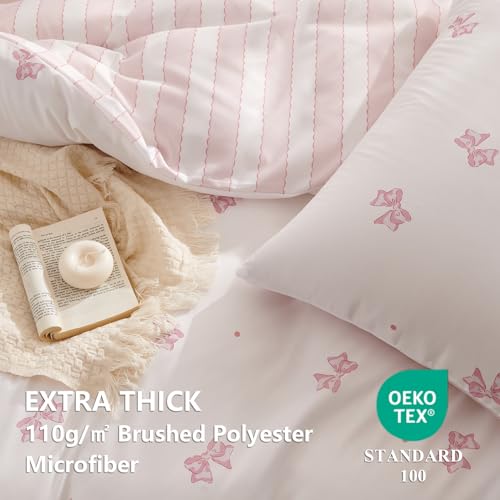 Image of Bow Duvet Cover King Size White Pink Bows Striped Reversible Bedding Set Kids Girls Bowknot Stripes Soft Breathable Microfiber Comforter Cover Set with Zipper Closure and 2 Pillowcases