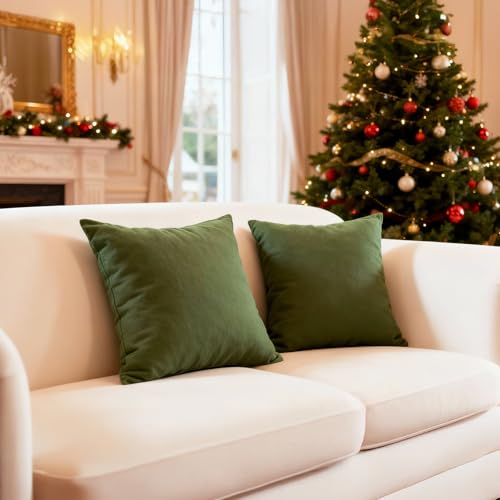 Image of Encasa XO Christmas Cotton Throw Pillow Covers Set of 2 I 18x18 in (45x45 cm) - Leaf Green I No Insert I Plain Square Pillowcases I Machine Washable | Indoor Use Only