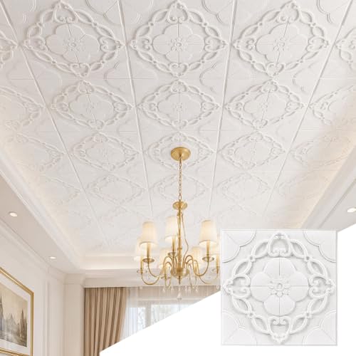 Nuanchu 40 Pcs Peel and Stick Ceiling Panels White Foam Drop Ceiling Tiles 13.8 x 13.8 Inch Covers 52 Sq. ft 3D Wall Panels Floral Embossed Self Adhesive Waterproof Wallpaper DIY for Office Home