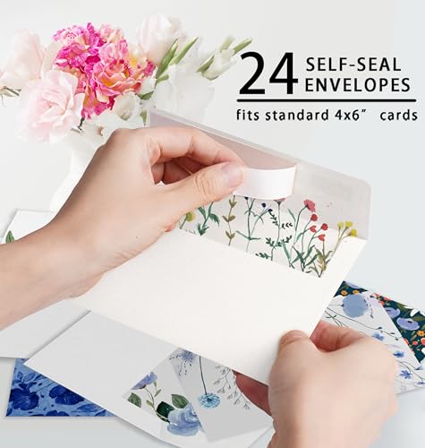 24 Pack Boxed Floral Blank Greeting Cards with Self-adhesive Envelopes For All Occasion, 24 Unique Watercolor Designs No Repeats