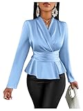 MakeMeChic Women's Wrap V Neck Long Sleeve Ruched Satin Shirt Blouse Elegant Peplum Tops Light Blue X-Large