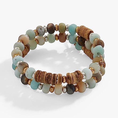 Alex and Ani Amazonite & Wood Beaded Wrap Bracelet, Two Tone Brown Finish, 2 to 3.5 in2