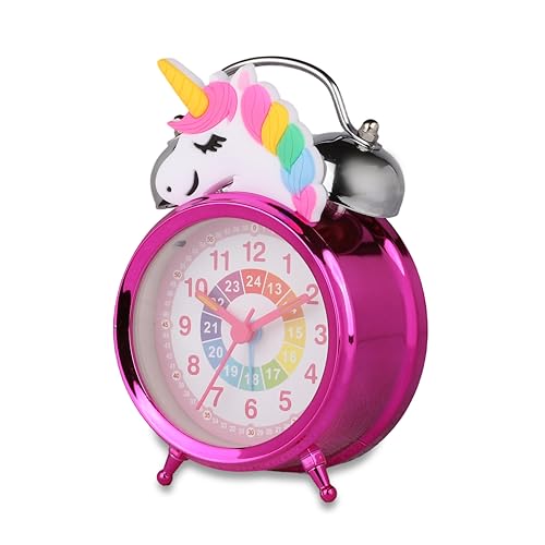 Image of De'rons Twin Bell Analog Table Alarm Clock with Backlight for Heavy Sleepers Alarm Clock for Students Funny Cute Cartoon Unicorn Shape Alarm Clock for Girls Kids Boys Bedroom 12 x 8 cm (Pink)