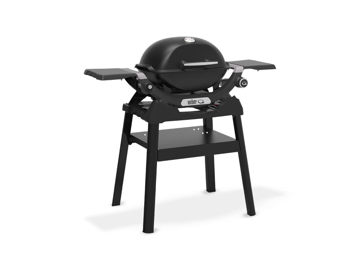 Weber Q 1200N – Barbacoa de Gas con mesas Laterales, Encendido electrónico, termómetro Integrado, 1 Quemador de Acero Inoxidable, compacta y Potente, Color Negro