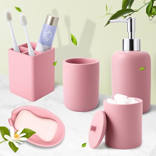 XLHOMO Resin Matte Pink Bathroom Accessory Set of 5, Lotion Soap Dispenser, Bathroom Organizer Accessories, Toothbrush Holder, Self Draining Soap Hoder and Bathroom Tumbler for Modern Home Decor