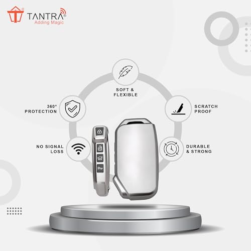 Image of SIAGO TPU Key Cover and Round Keychain Compatible for Kia Seltos 2023 Facelift HTX | Carens X Line 4 Button Smart Key (Grey)