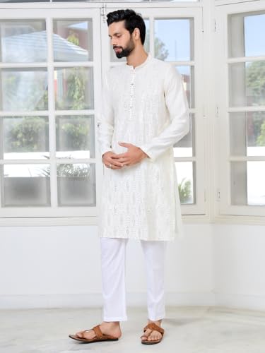 Image of See Designs Men's Full Sleeve Mandarin Collar Ethnic Motifs Embroidered Sequinned Mandarin Collar Straight Long Kurta with Pyjama - Festive Collection