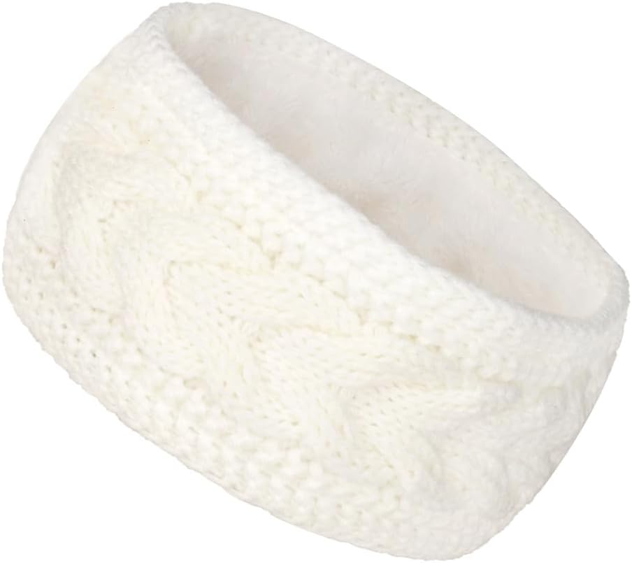 Fleece Lined Knitted Headband Ear Warmer Winter Warm Thick Hairband Thermal Headbands Elastic Hair Wrap for Women (White, One Size)