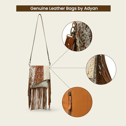 ADYAN Western Brown Hand-Tooled Genuine Leather Cross Body Bag for Women | Handcrafted Floral Tooled Purse With Suede Fringes and Adjustable and Detachable Strap 7
