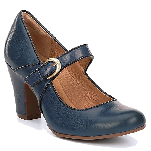 Image of SHODENSE Women Vintage Chunky High Heel Mary Jane Shoes Round Closed Toe Ankle Strap Dress Sandals 3 inch Block Heels Mary Jane Lolita Pumps Two-Toned Patchwork Buckle Office Lady Wedding Retro 4-11 M US