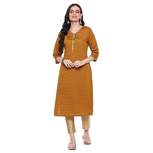 Image of Rangriti Mustard Liva Straight Printed Kurta for Women