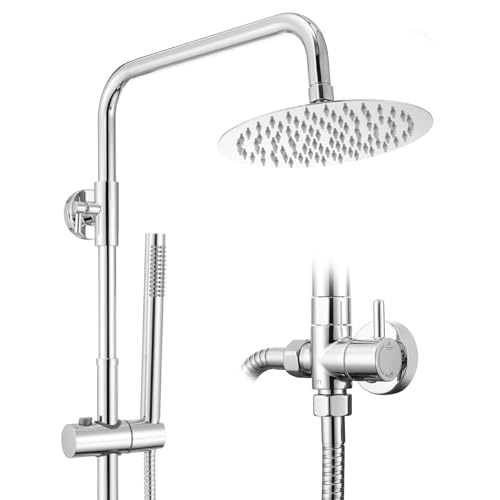 Auralum Colonne de Douche Sans Mitigeur Chrome Mat en Laiton, Colonne Télescopique 68-108cm avec Tête de Douche Rond Carrée 8