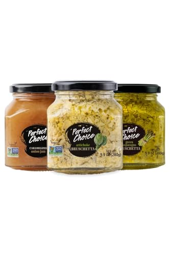 Perfect Choice Variety Pack with Delicious Artichoke Bruschetta, Green Asparagus Bruschetta & Caramelized Onion - Ready-to-eat Spread Ideal for Burgers, Sandwiches, Meats And More - Pack of 3