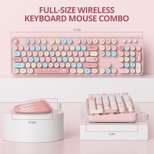 Image of Owpkeenthy Pink Keyboard and Mouse Wireless, Cute Colorful Typewriter Keyboard Full-Sized with Number Pad Round Keycaps for Desktop, Laptop and Computer(Coloful Pink)