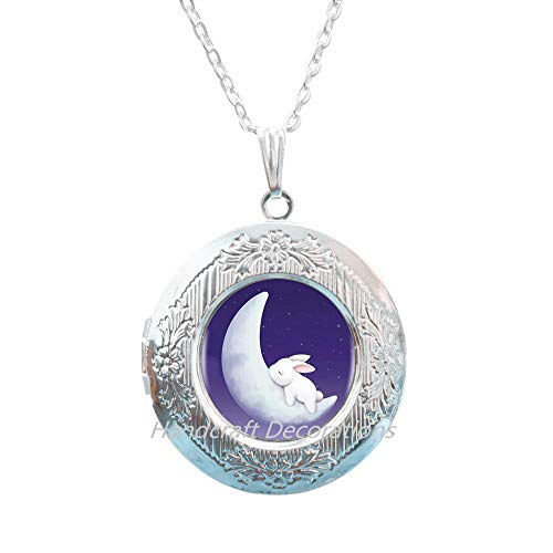 Rabbit to The Moon Locket Necklace,Cute Rabbit Locket Necklace, Bunny Locket Necklace, Cute Jewelry, Christmas Gift Locket Necklace Jewelry Glass Dome Locket Necklace Charm Jewellery.F260