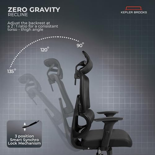 Image of Kepler Brooks Imperia Office Chair for Work | 3-Year Warranty | Ergonomic Office Chair, Study Chair for Home, 2D Headrest, 3D Armrest, Multi Lock Seat Slider Mechanism, Heavy Duty Nylon Base (Black)