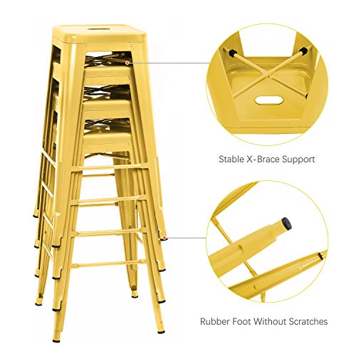 Butaco metálico Furniwell de 30 pulgadas, con respaldo alto y sin respaldo, para interior y exterior, apilable, con asiento cuadrado, juego de 4 (amarillo) miniatura 4
