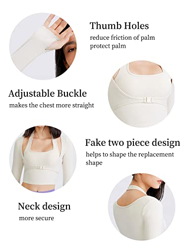 Flygo Yoga Shirts With Built In Bra Cutout Padded Crop Tops Long Sleeve Gym T Shirt For Women Workout(Beige-S) #TOP1