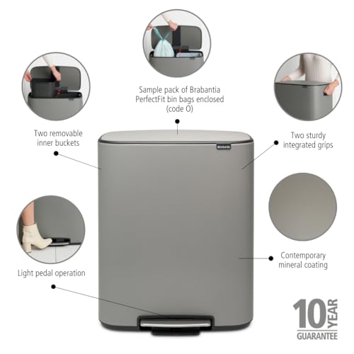 Image of Brabantia Bo Step-On Kitchen Trash Can with Single Compartment | Mineral Gray | 16 Gal Inner Bucket | Soft-Close Garbage Can, Light Pedal Operation, Stay-Open Lid | Fits Against Wall | + Trash Bags
