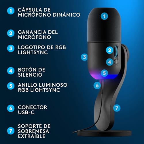 Logitech G Yeti GX | Micrófono dinámico RGB LIGHTSYNC gaming y streaming, supercardioide, Plug and Play USB, PC/Mac – Negro 7