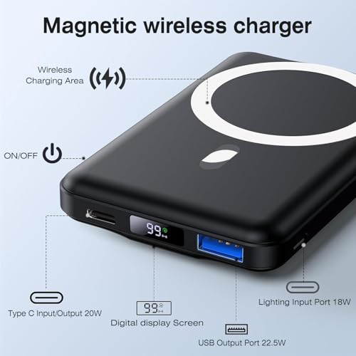 AOGUERBE for Mag-Safe Portable Charger, 10000mAh Magnetic Power Bank 22.5W Fast Charging,Mini Battery Pack Wireless with LED Display&Foldable Stand for iPhone 17/16/15/14/13/12 Series (Obsidian Black)