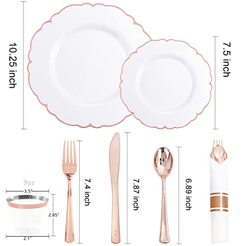Ciaell 175Pcs Rose Gold Plastic Plates - Baroque Rose Gold Disposable Plates Including 50 Rose Gold Party Plates, 25 Pack Rose Gold Pre Rolled Napkins And 25 Cups For Wedding & Party #TOP2