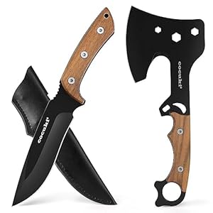 Axe and Fixed Blade Knife Combo Set, Full Tang, Walnut Wood Handle, for Outdoor Using Camping Survival Hunting, Leather Sheath Included