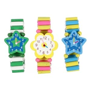 Hemobllo 3 Stück Holzuhr Armbanduhren kinderuhr mädchen Spielzeug, Niedliche Cartoon Hölzerne Uhren Spielzeug Elastische Armband Simulation Armbanduhren Kinder (Zufälliger Stil)