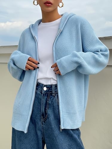 Image of SOLY HUX Zip Up Cardigan for Women Hooded Cardigan Sweater Knitted Drop Shoulder Fall Clothes Winter Hoodies Outerwear